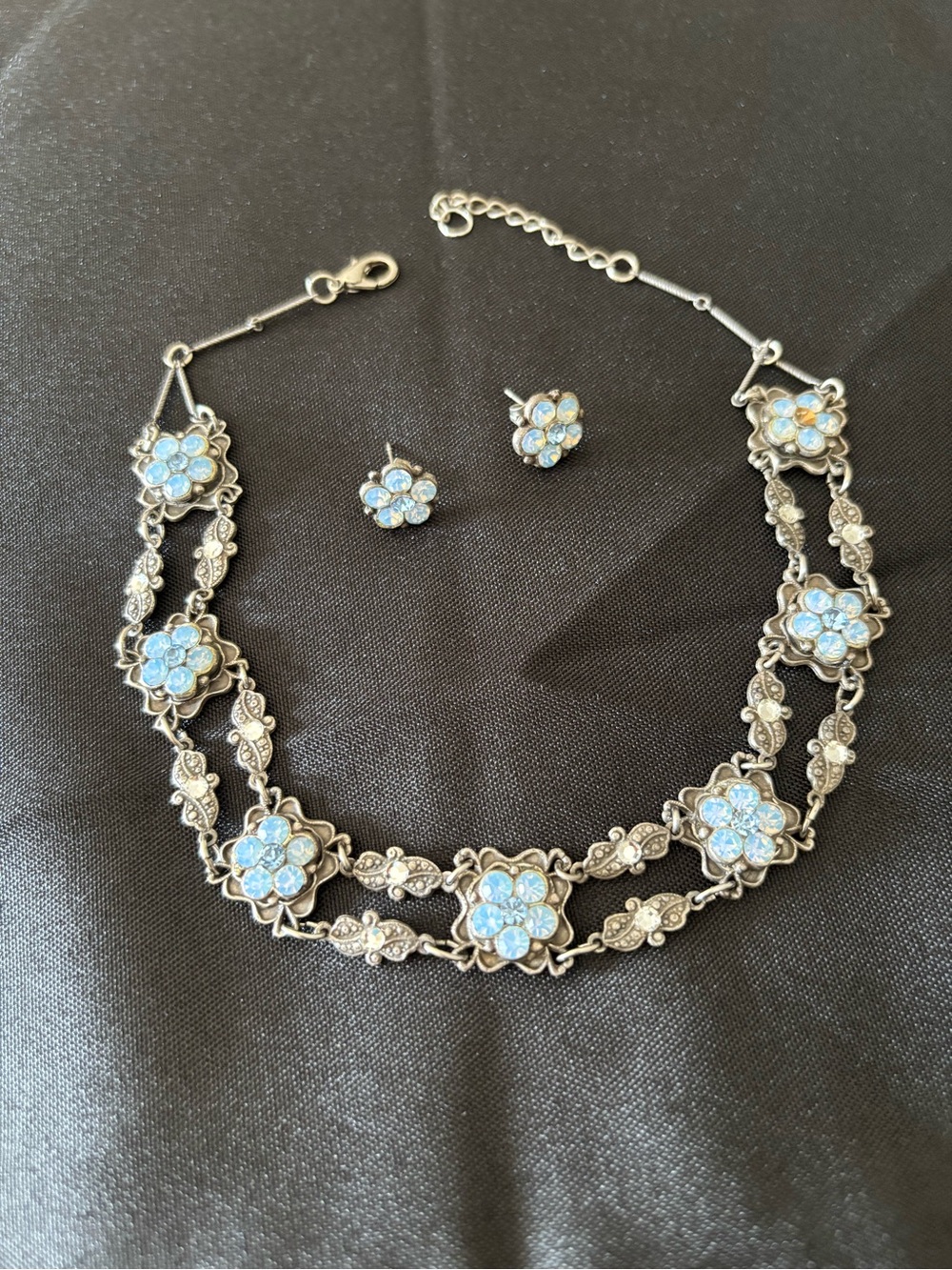 Silver Blue Floral Crystal Necklace and Stud Earrings Set